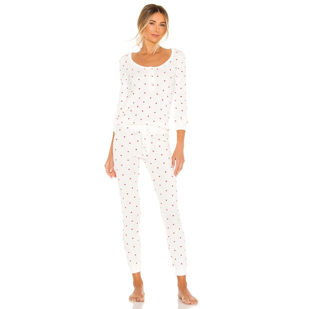 Revolve Plush Thermal Knit Red Heart Print Pajama Scrunchie Matching Set Small